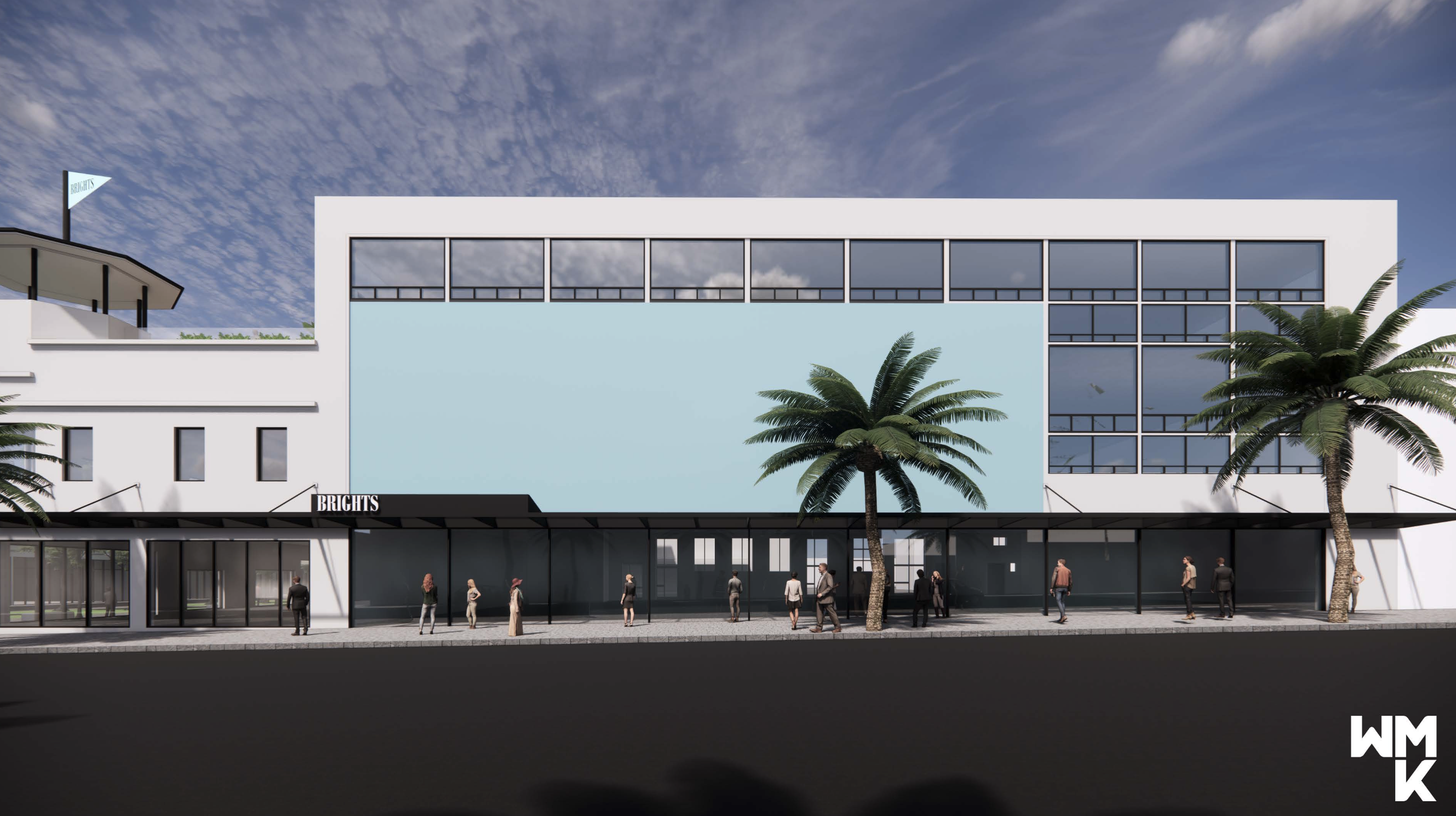 Artists concept drawing of a large white and light blue building, black awning running across the face of the building, T-bar windows on the facade, lush green palm trees along the footpath. Hamilton groups Bright & Hitchcocks building